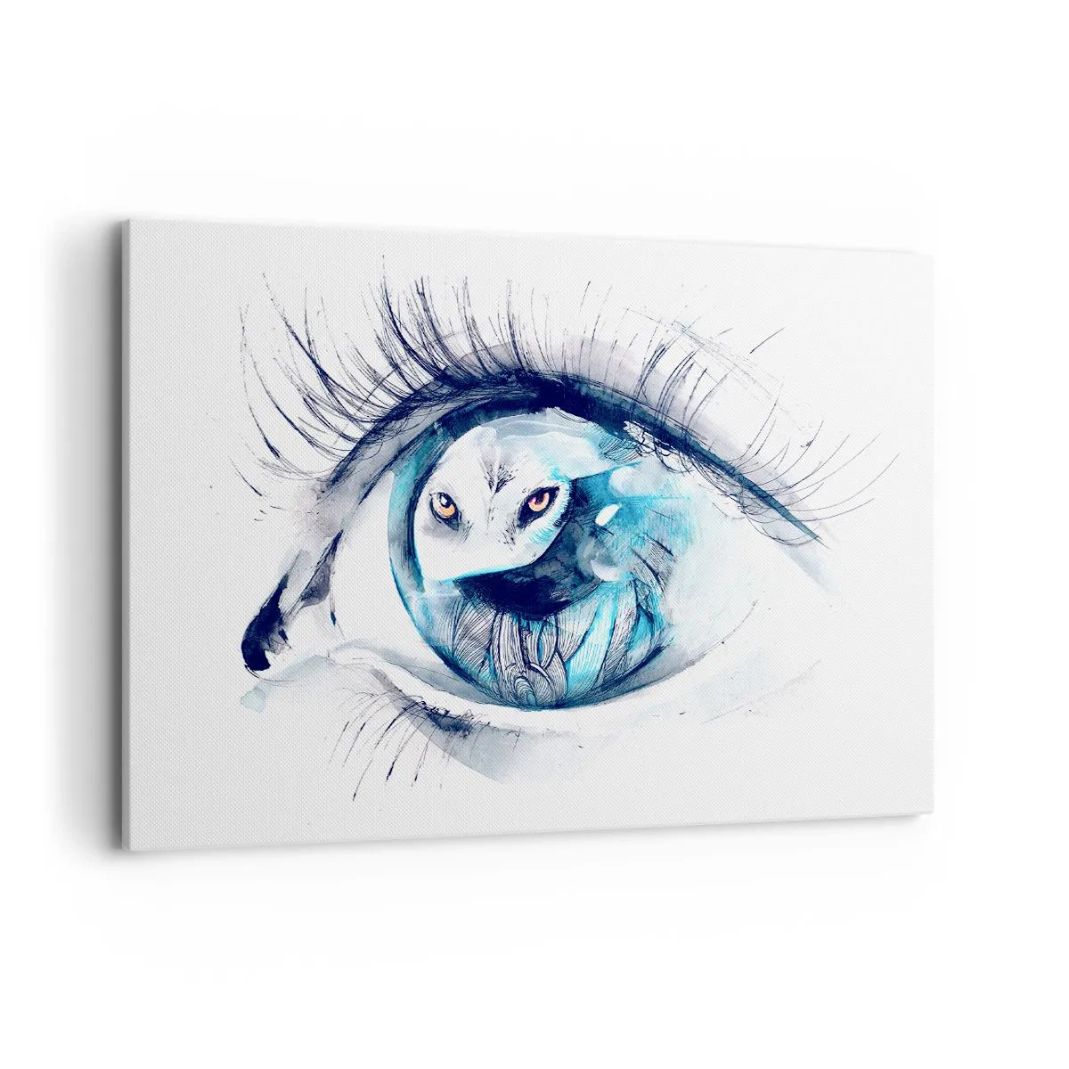 Obraz na płótnie - Oko z wizerunkiem sowy w akwarelowych odcieniach niebieskiego - 100x70cm - Oko w oko z dzikością - Nowoczesna dekoracja ścienna do salonu, kuchni i sypialni ARTTOR