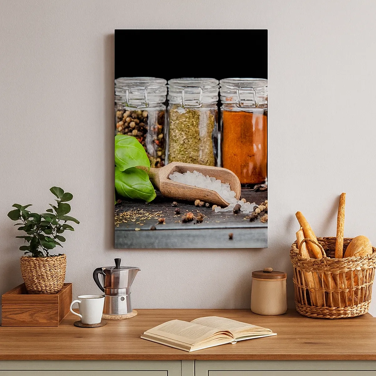 Obraz na płótnie - Przyprawy w słoikach z solą i bazylią - 50x70cm - Żeby życie miało smak - Nowoczesna dekoracja ścienna do salonu, kuchni i sypialni ARTTOR