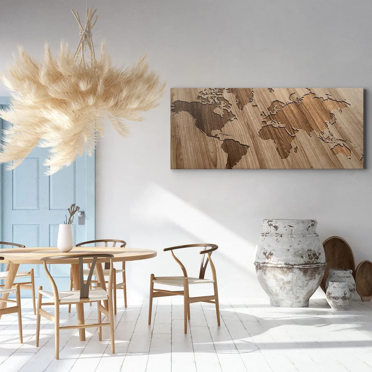 Obraz na płótnie - Mapa świata wycięta na drewnianej powierzchni - 160x50cm - Świat podany na stole - Nowoczesna dekoracja ścienna do salonu i sypialni ARTTOR