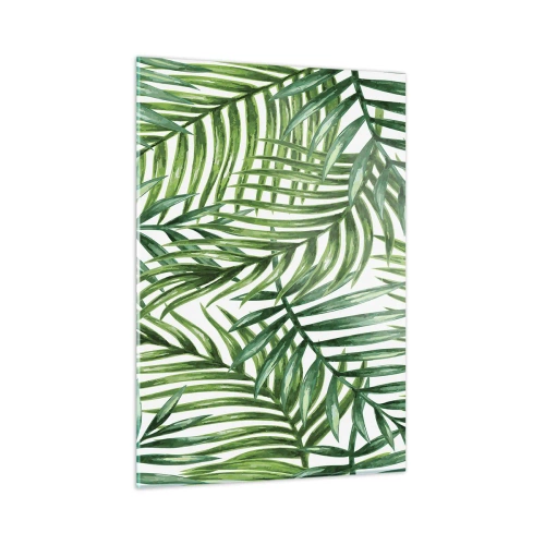 Obraz na szkle - Zielone liście palm na białym tle tworzące geometryczny wzór - 50x70cm - Pod zielonym baldachimem - Nowoczesna dekoracja ścienna do salonu, kuchni i sypialni ARTTOR
