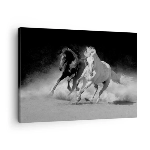 Obraz na płótnie - Biegnące konie w czerni i bieli - 70x50cm - Galop wolności - Nowoczesna dekoracja ścienna do salonu i sypialni ARTTOR