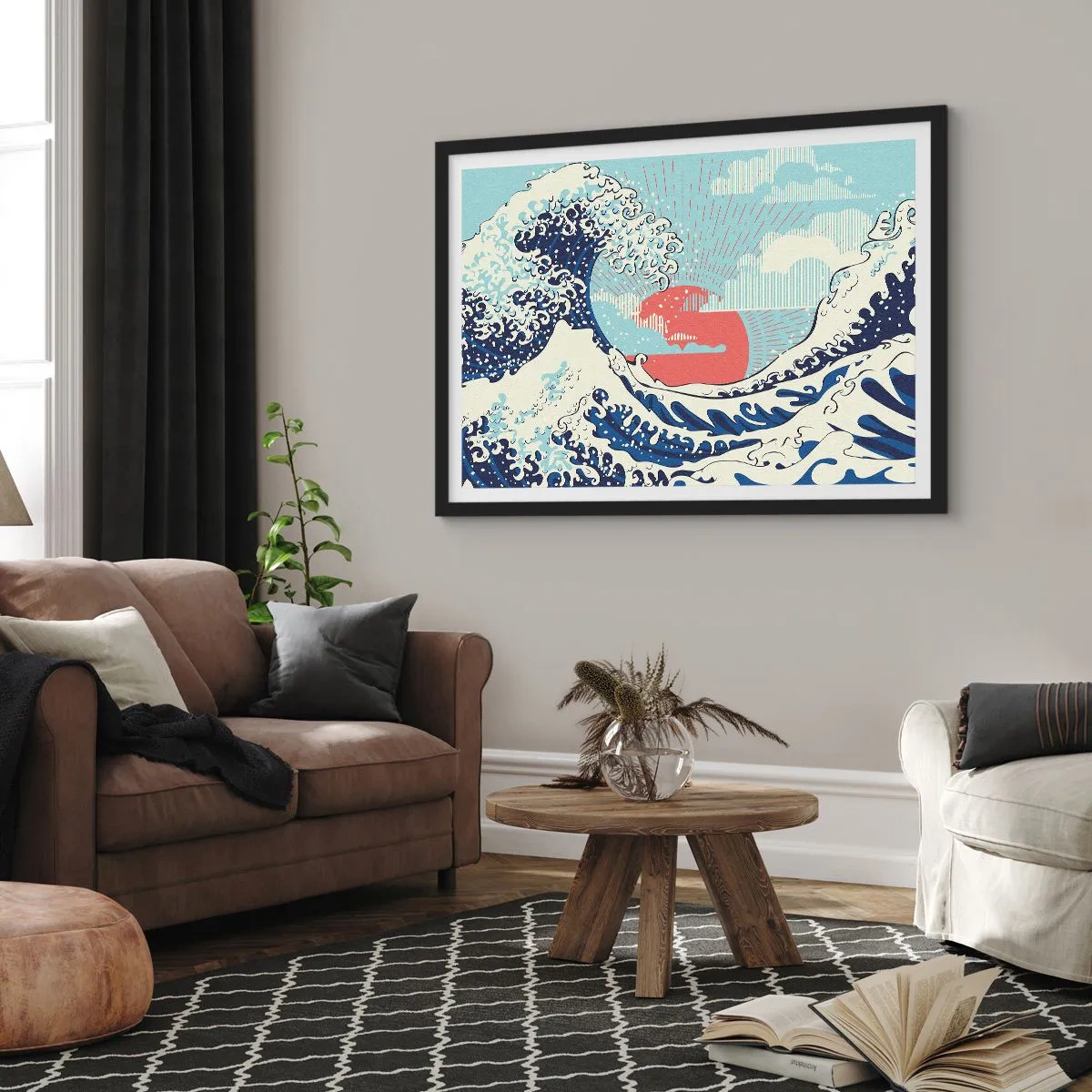 Plakat w czarnej ramie - Fale oceanu i zachodzące słońce w stylu japońskim - 100x70cm - Z japońskich inspiracji - Nowoczesna dekoracja ścienna do salonu i sypialni ARTTOR