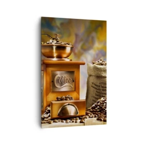 Obraz na płótnie - Młynek do kawy z ziarnami i filiżanką na tle - 80x120cm - Chrzęst ziaren, terkot młynka - Nowoczesna dekoracja ścienna do salonu i sypialni ARTTOR