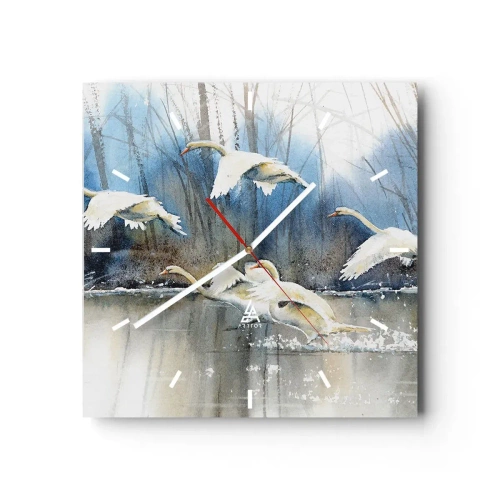 Zegar ścienny - Łabędzie w locie nad zamarzniętym jeziorem w zimowym krajobrazie - 30x30cm - Jak w baśni o dzikich łabędziach - Nowoczesna dekoracja ścienna do salonu i sypialni ARTTOR