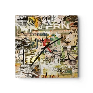 Zegar ścienny - Kolaż z fragmentami gazet i plakatów w artystycznym stylu - 30x30cm - Oj, dzieje się… - Nowoczesna dekoracja ścienna do salonu i sypialni ARTTOR