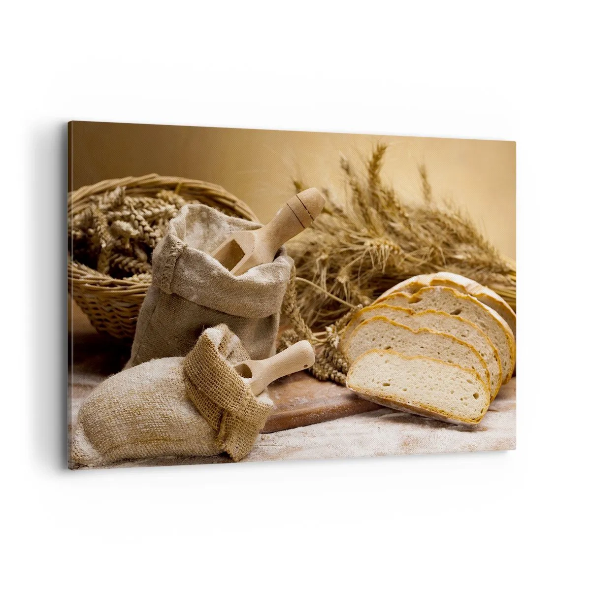 Obraz na płótnie - Krajobraz z chlebem, mąką i kłosami zbóż w rustykalnym stylu - 120x80cm - Jak nożem uciął - Nowoczesna dekoracja ścienna do salonu, kuchni i sypialni ARTTOR