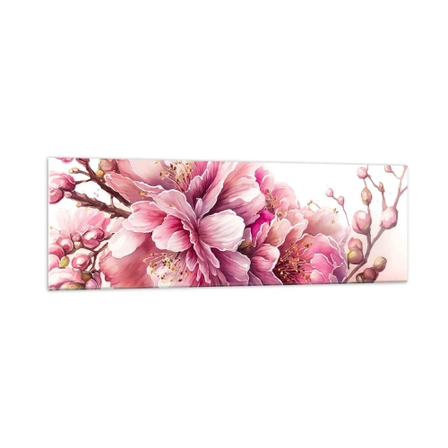 Obraz na szkle - Delikatne kwiaty wiśni w pełnym rozkwicie na jasnym tle - 160x50cm - Kwiat kwitnącej wiśni - Nowoczesna dekoracja ścienna do salonu i sypialni ARTTOR