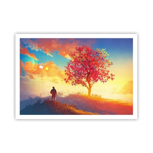 Plakat - Postać na wzgórzu obok kolorowego drzewa w świetle zachodzącego słońca - 100x70cm - Pielgrzym u celu - Nowoczesna dekoracja ścienna do salonu i sypialni ARTTOR