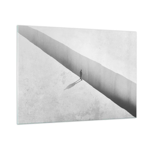Obraz na szkle - Minimalistyczna sylwetka nad przepaścią w jasnej przestrzeni - 100x70cm - Jasny cel - Nowoczesna dekoracja ścienna do salonu, kuchni i sypialni ARTTOR