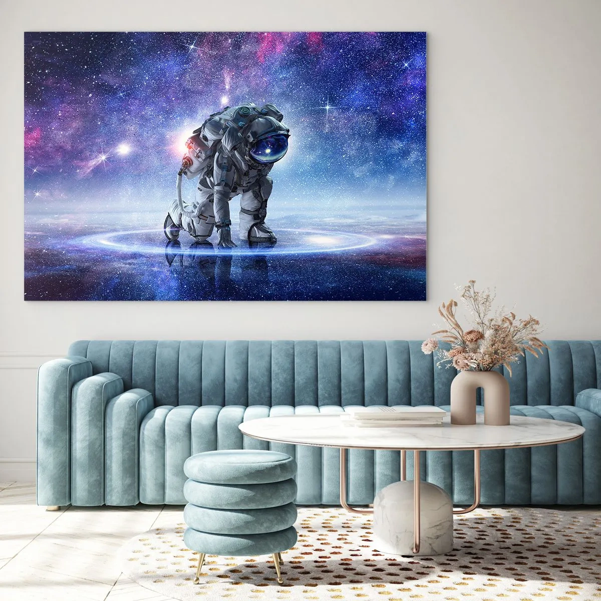 Obraz na szkle - Astronauta w kosmosie na tle gwiaździstego nieba - 70x50cm - Niebo gwiaździste nade mną - Nowoczesna dekoracja ścienna do salonu i sypialni ARTTOR