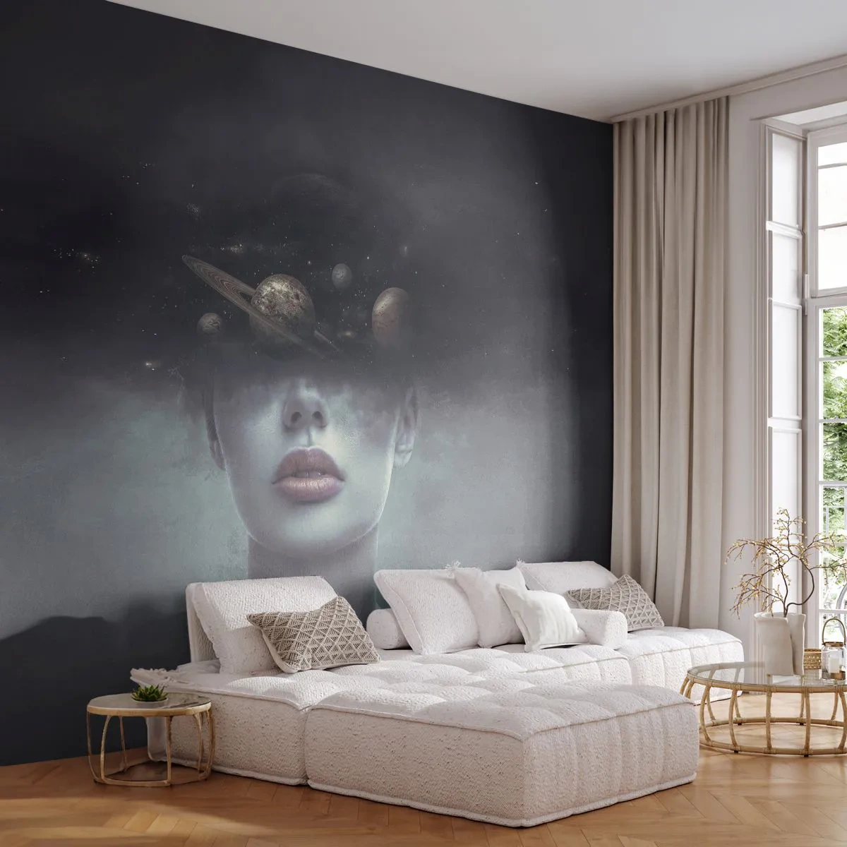 Fototapeta Premium Sand - Tajemniczy portret kobiety z planetami we mgle - 100x70cm - A planety szaleją… - Nowoczesna dekoracja ścienna do salonu, kuchni i sypialni ARTTOR