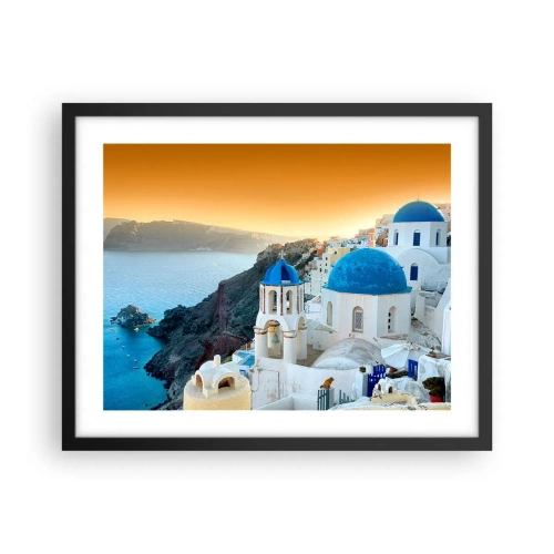 Plakat w czarnej ramie - Santorini - przytulone do skał - 50x40 cm