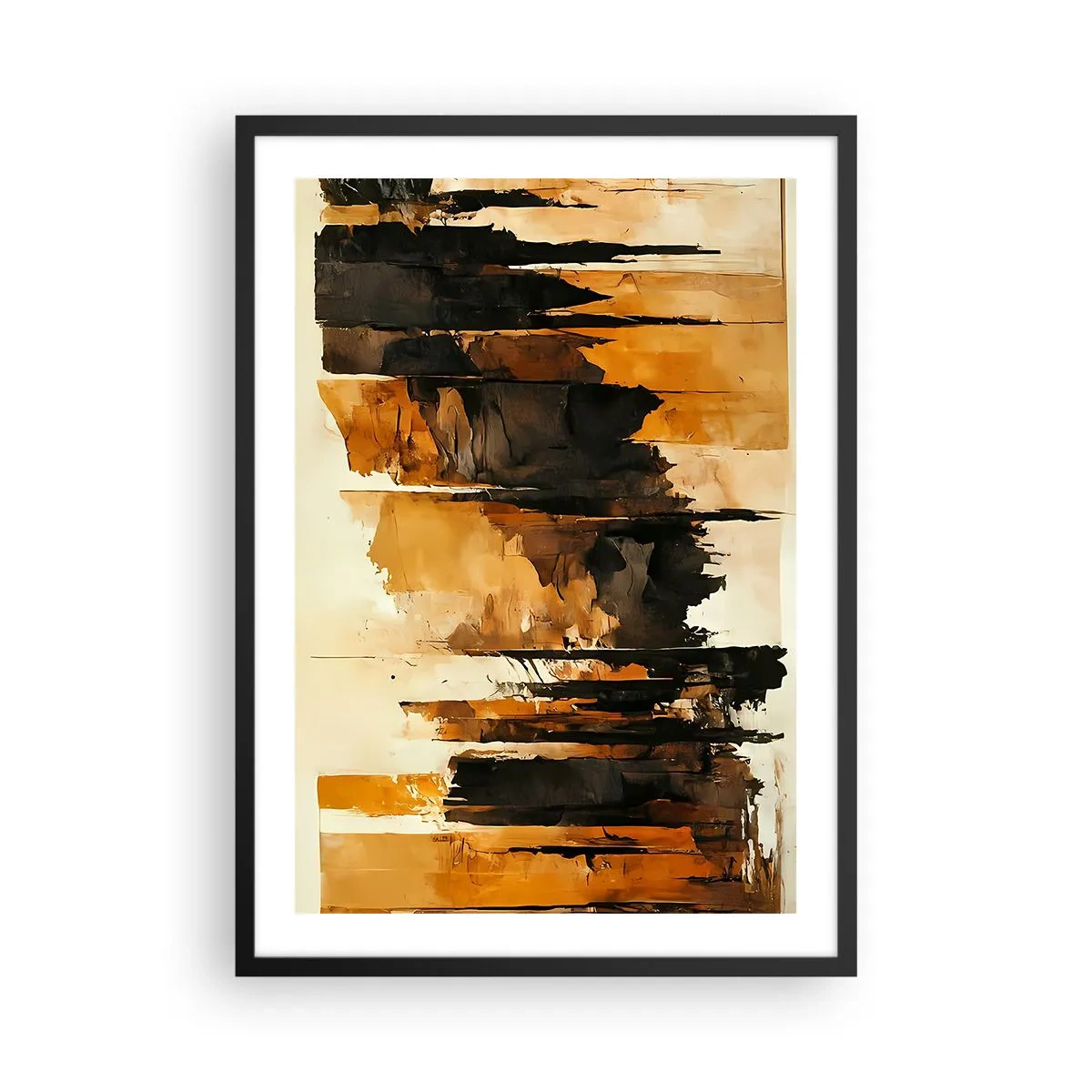Plakat w czarnej ramie - Abstrakcyjna kompozycja w ciepłych brązach i czerni - 50x70cm - Harmonia czerni i złota - Nowoczesna dekoracja ścienna do salonu i sypialni ARTTOR