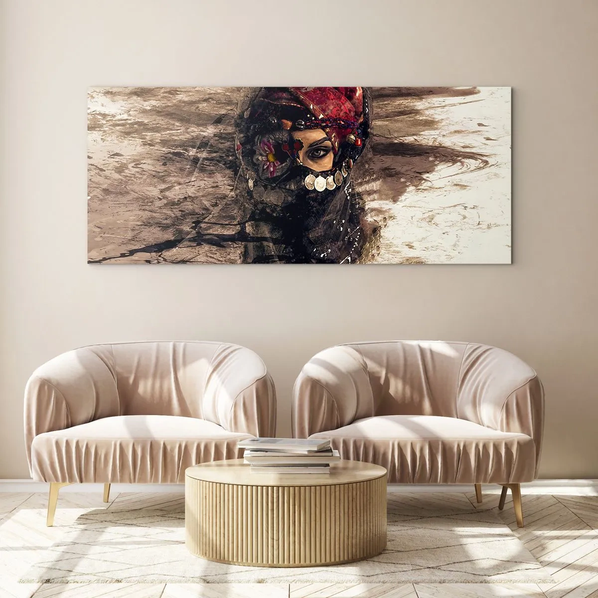 Obraz na szkle - Artystyczny portret kobiety w orientalnym stroju na abstrakcyjnym tle - 140x50cm - Co najmniej niepokojąca - Nowoczesna dekoracja ścienna do salonu i sypialni ARTTOR