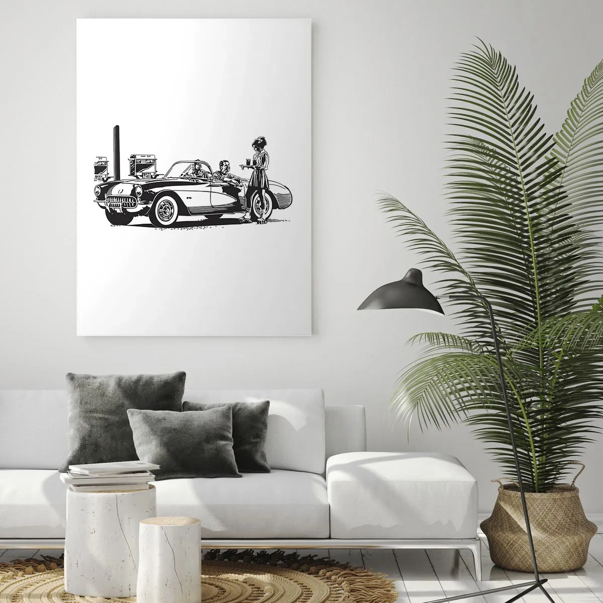 Obraz na szkle - Kreatywna grafika z klasycznym samochodem i postaciami - 50x70cm - 60. - beztroska Ameryka - Nowoczesna dekoracja ścienna do salonu, kuchni i sypialni ARTTOR