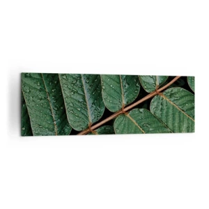 Obraz na płótnie - Zielone liście z kroplami rosy w makro ujęciu - 160x50cm - W zielonym rytmie - Nowoczesna dekoracja ścienna do salonu i sypialni ARTTOR