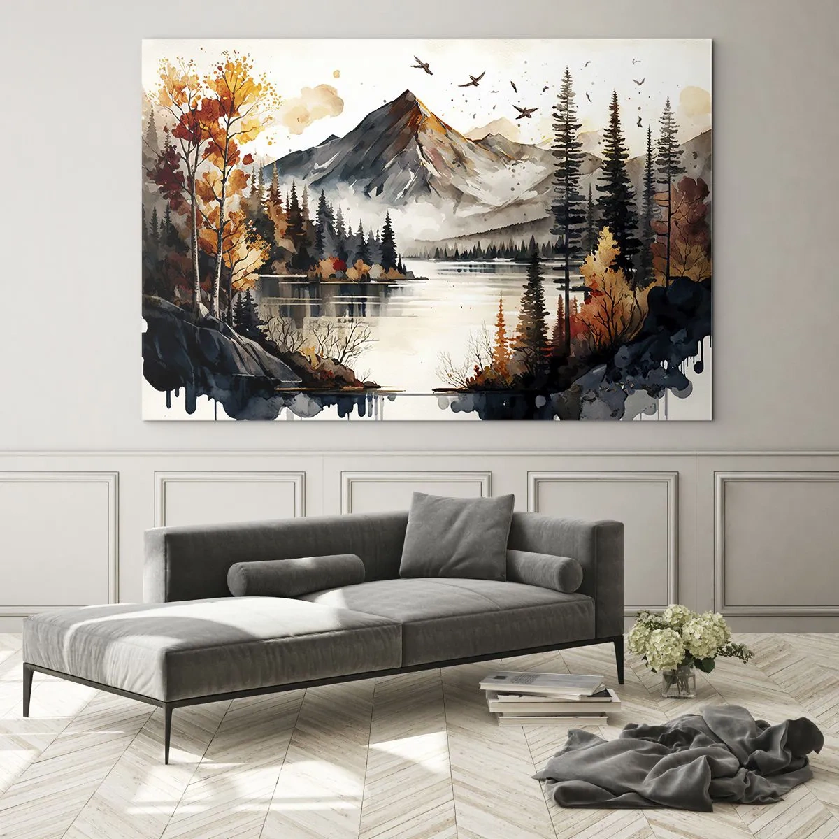 Obraz na szkle - Jesienny krajobraz górski z jeziorem i lasem - 70x50cm - Złota jesień w górach - Nowoczesna dekoracja ścienna do salonu i sypialni ARTTOR