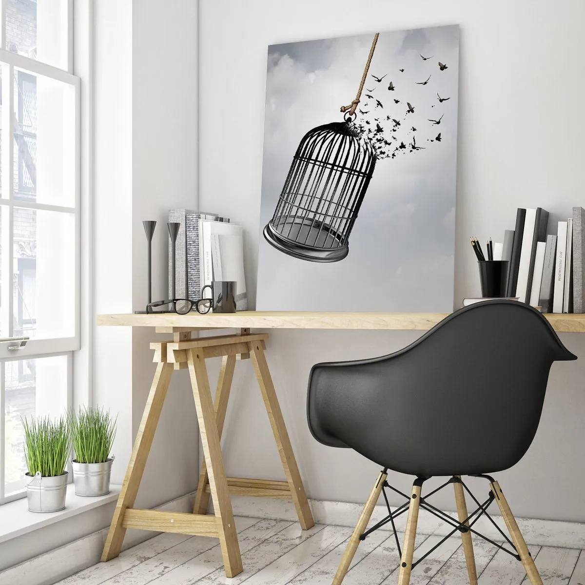 Obraz na szkle - Otwarcie klatki i wylatujące z niej ptaki na tle nieba - 50x70cm - Wiara...Nadzieja...Wolność! - Nowoczesna dekoracja ścienna do salonu, kuchni i sypialni ARTTOR