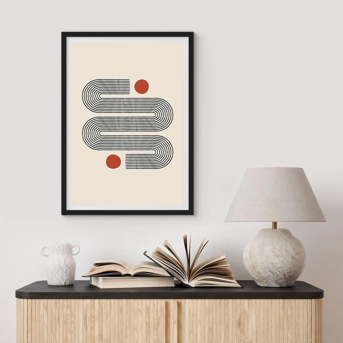 Plakat w czarnej ramie - Geometryczny wzór z liniami i czerwonymi okręgami - 50x70cm - Od początku do końca - Nowoczesna dekoracja ścienna do salonu i sypialni ARTTOR
