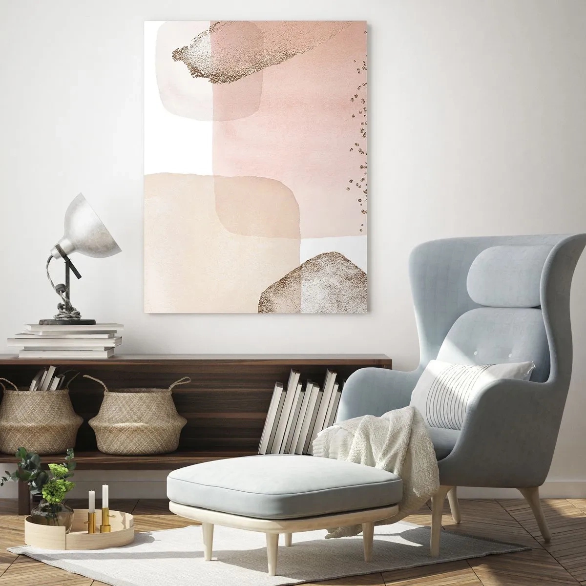 Obraz na szkle - Abstrakcyjna kompozycja w odcieniach różu, beżu i złota - 50x70cm - Spojrzenie przez kolor - Nowoczesna dekoracja ścienna do salonu, kuchni i sypialni ARTTOR