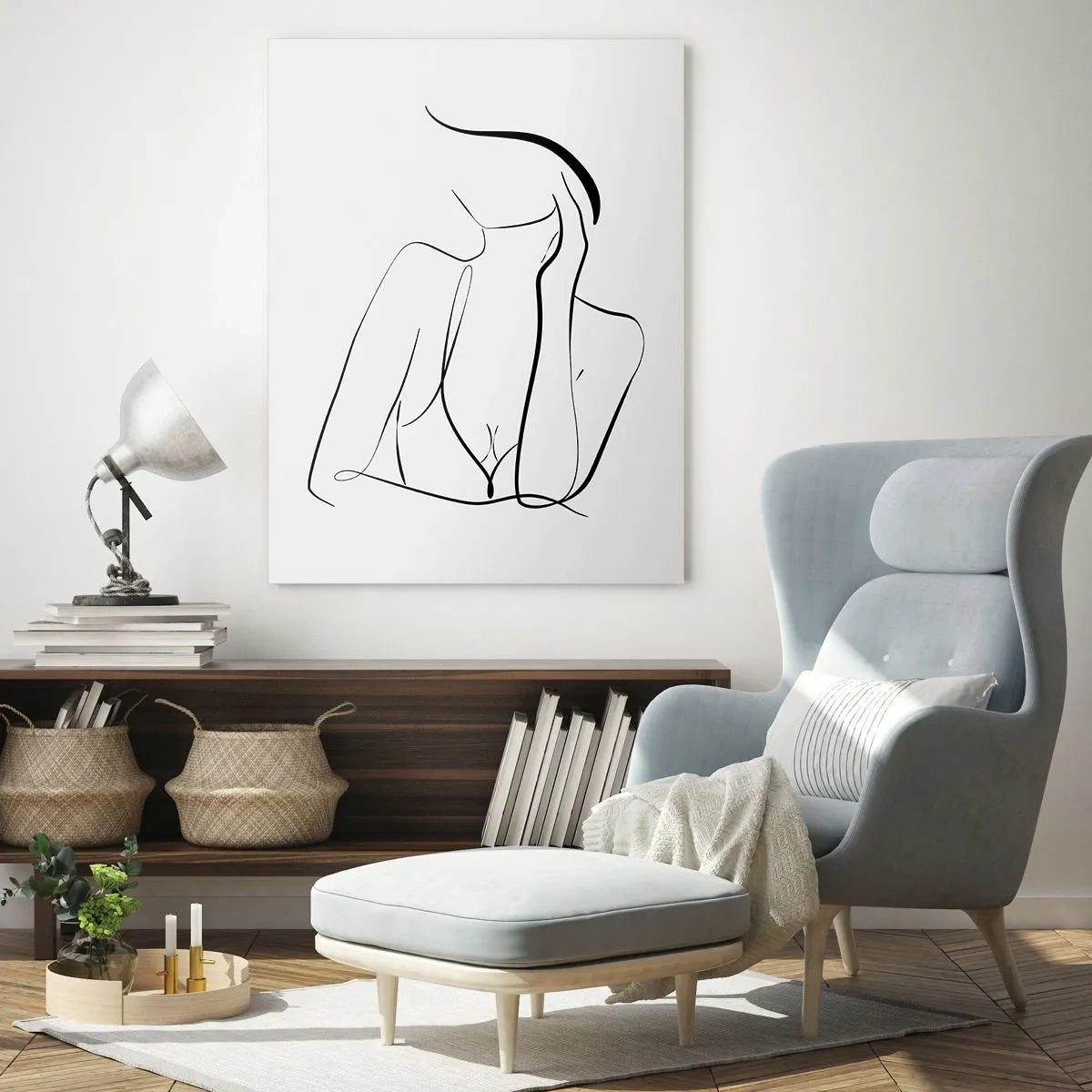 Obraz na szkle - Prosta linia przedstawiająca zarys ciała w odcieniach czerni i bieli - 50x70cm - Na fali marzeń - Nowoczesna dekoracja ścienna do salonu, kuchni i sypialni ARTTOR