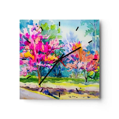 Zegar ścienny - Kolorowe drzewa w parku w stylu akwarelowym - 30x30cm - Tęczowy ogród w wiosennym blasku - Nowoczesna dekoracja ścienna do salonu i sypialni ARTTOR