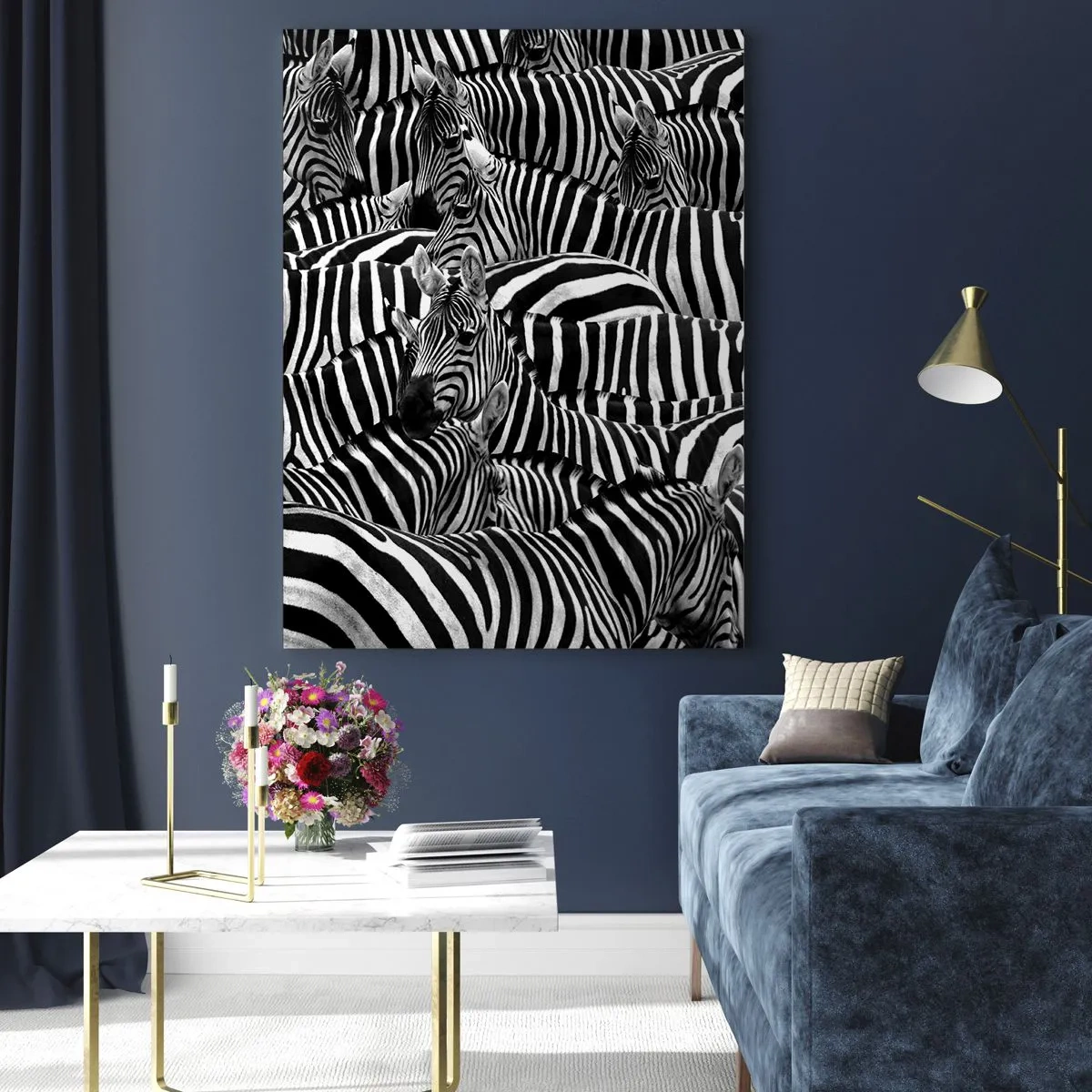 Obraz na szkle - Stado zebr w monochromatycznym ujęciu - 50x70cm - Portret zbiorowy w paski - Nowoczesna dekoracja ścienna do salonu, kuchni i sypialni ARTTOR