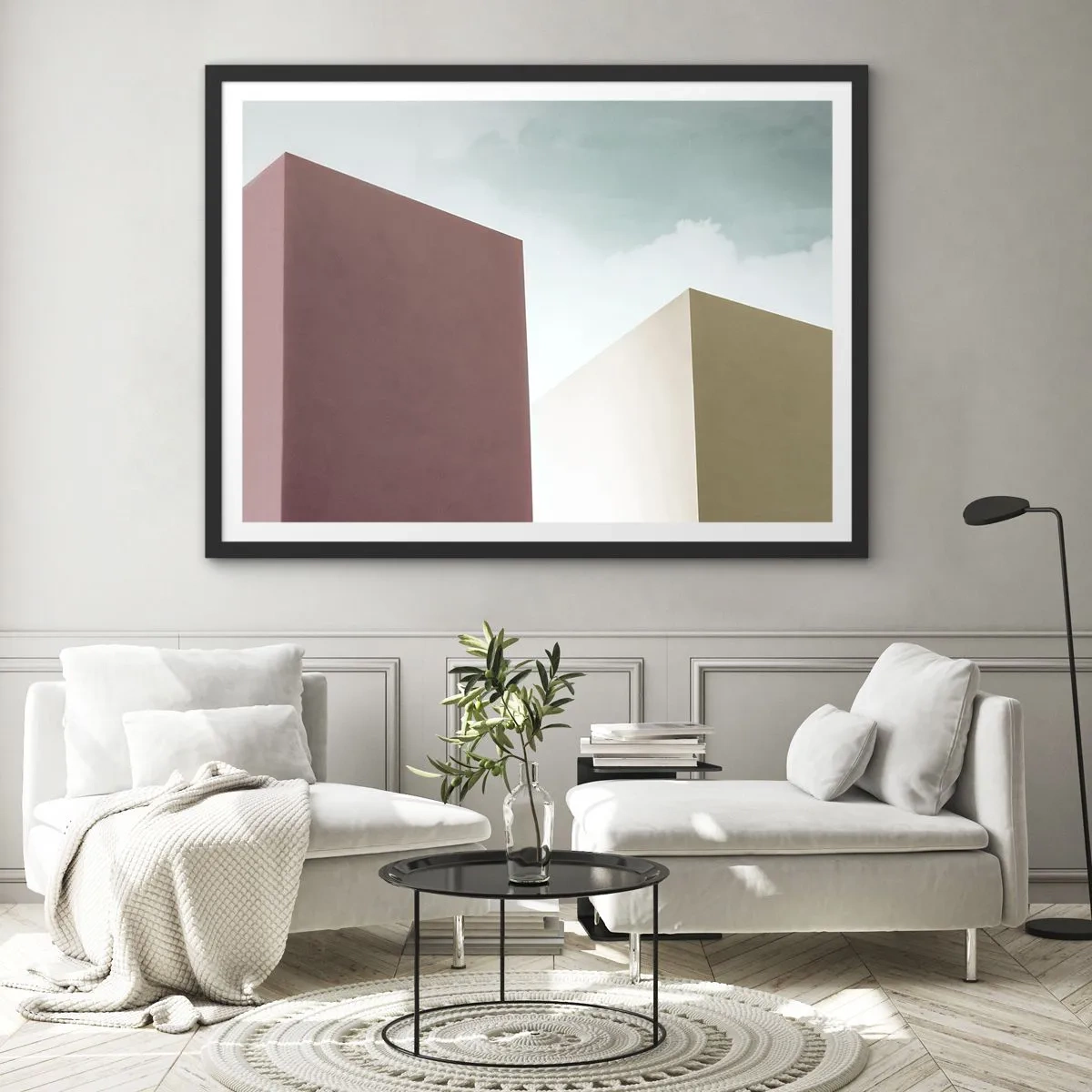 Plakat w czarnej ramie - Minimalistyczna architektura z pastelowymi blokami i niebem - 70x50cm - Geometria słonecznego lata - Nowoczesna dekoracja ścienna do salonu i sypialni ARTTOR
