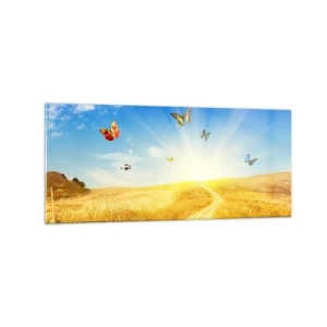 Obraz na szkle - Złote pole, ścieżka i motyle na tle błękitnego nieba - 120x50cm - I jak tu nie kochać lata? - Nowoczesna dekoracja ścienna do salonu i sypialni ARTTOR