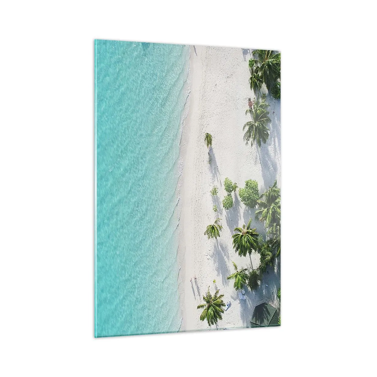 Obraz na szkle - Tropikalna plaża z palmami i turkusowym morzem z lotu ptaka - 50x70cm - Wakacje w raju - Nowoczesna dekoracja ścienna do salonu, kuchni i sypialni ARTTOR