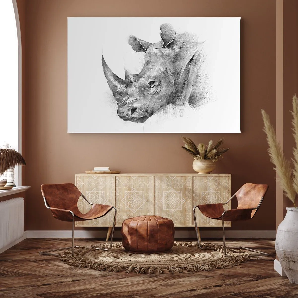 Obraz na płótnie - Artystyczny portret nosorożca w czerni i bieli - 70x50cm - Afrykański portret - Nowoczesna dekoracja ścienna do salonu i sypialni ARTTOR