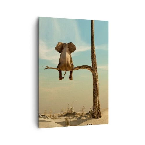 Obraz na płótnie - Siedzący słoń na gałęzi na tle pustynnego krajobrazu - 50x70cm - Nowy punkt widzenia - Nowoczesna dekoracja ścienna do salonu, kuchni i sypialni ARTTOR