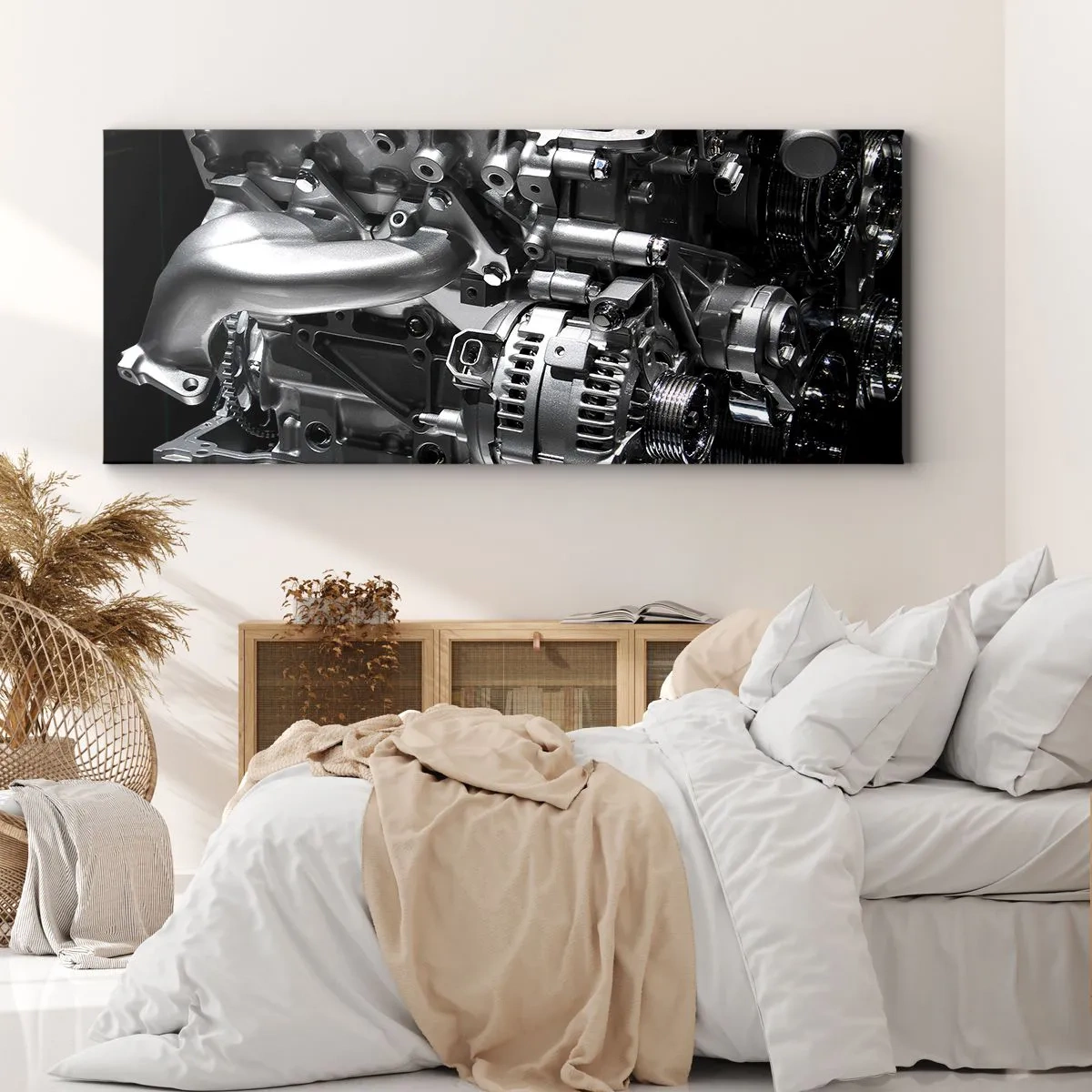 Obraz na płótnie - Metalowe części silnika w zbliżeniu na czarnym tle - 160x50cm - Stalowy, piękny, silny - Nowoczesna dekoracja ścienna do salonu i sypialni ARTTOR