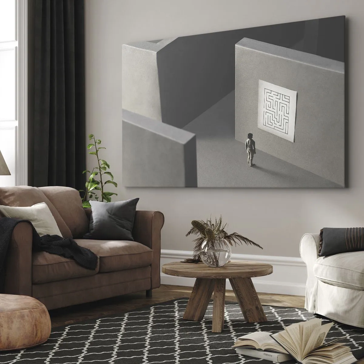 Obraz na płótnie - Postać w labiryncie patrząca na wiszącą mapę - 70x50cm - Ale gdzie jestem? - Nowoczesna dekoracja ścienna do salonu i sypialni ARTTOR