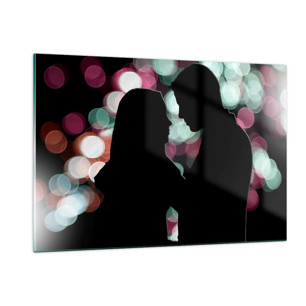 Obraz na szkle - Sylwetki pary na tle kolorowych świateł bokeh - 120x80cm - Tak! - Nowoczesna dekoracja ścienna do salonu, kuchni i sypialni ARTTOR