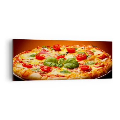 Obraz na płótnie - Pizza z pomidorami i bazylią na drewnianym stole - 140x50cm - Mamma mia! - Nowoczesna dekoracja ścienna do salonu i sypialni ARTTOR