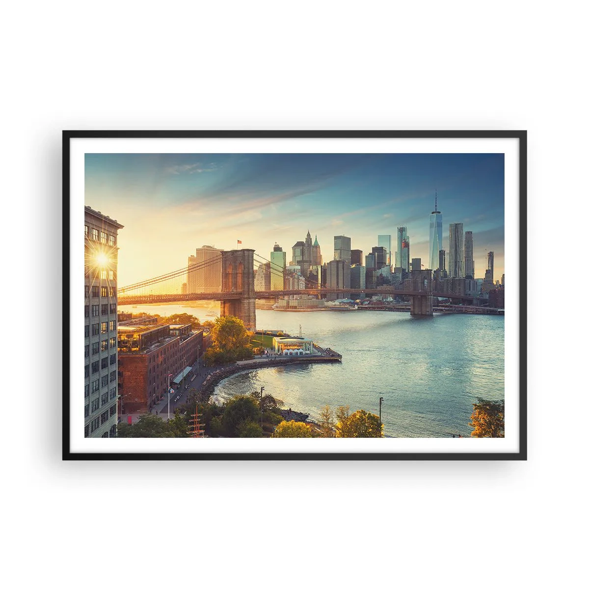 Plakat w czarnej ramie - Panorama miasta z mostem o zachodzie słońca - 100x70cm - Wielkomiejski świt - Nowoczesna dekoracja ścienna do salonu i sypialni ARTTOR
