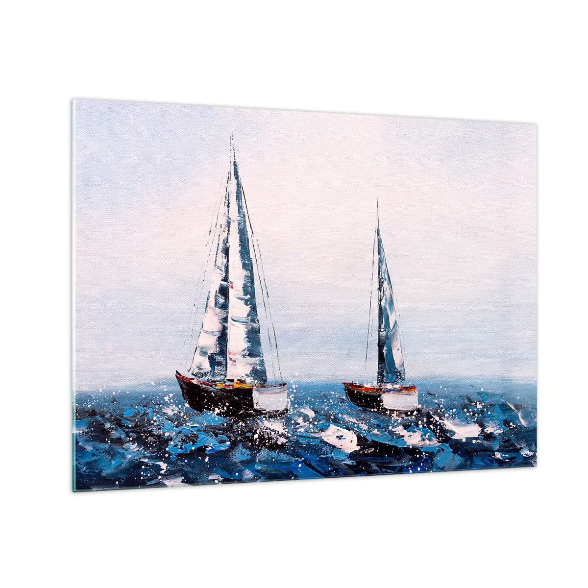 Obraz na szkle - Dwa jachty na wzburzonym morzu w malarskim stylu impresyjnym - 70x50cm - Braterstwo wiatru - Nowoczesna dekoracja ścienna do salonu i sypialni ARTTOR