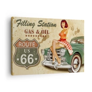 Obraz na płótnie - Plakat retro Route 66 z pin-up dziewczyną i samochodem - 70x50cm - Wspaniałe lata 40. - Nowoczesna dekoracja ścienna do salonu i sypialni ARTTOR