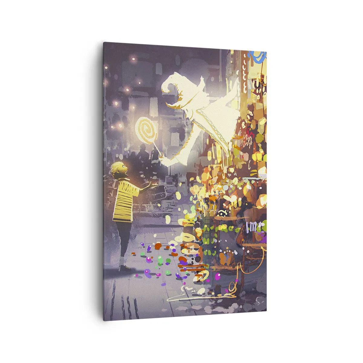 Obraz na płótnie - Bajkowa postać i dziecko na ulicy pełnej świateł i magii - 80x120cm - Czary istnieją - Nowoczesna dekoracja ścienna do salonu i sypialni ARTTOR
