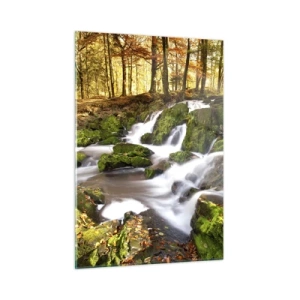 Obraz na szkle - Leśny strumień z wodospadami w jesiennym krajobrazie - 50x70cm - Bystro przez jesienny las - Nowoczesna dekoracja ścienna do salonu, kuchni i sypialni ARTTOR