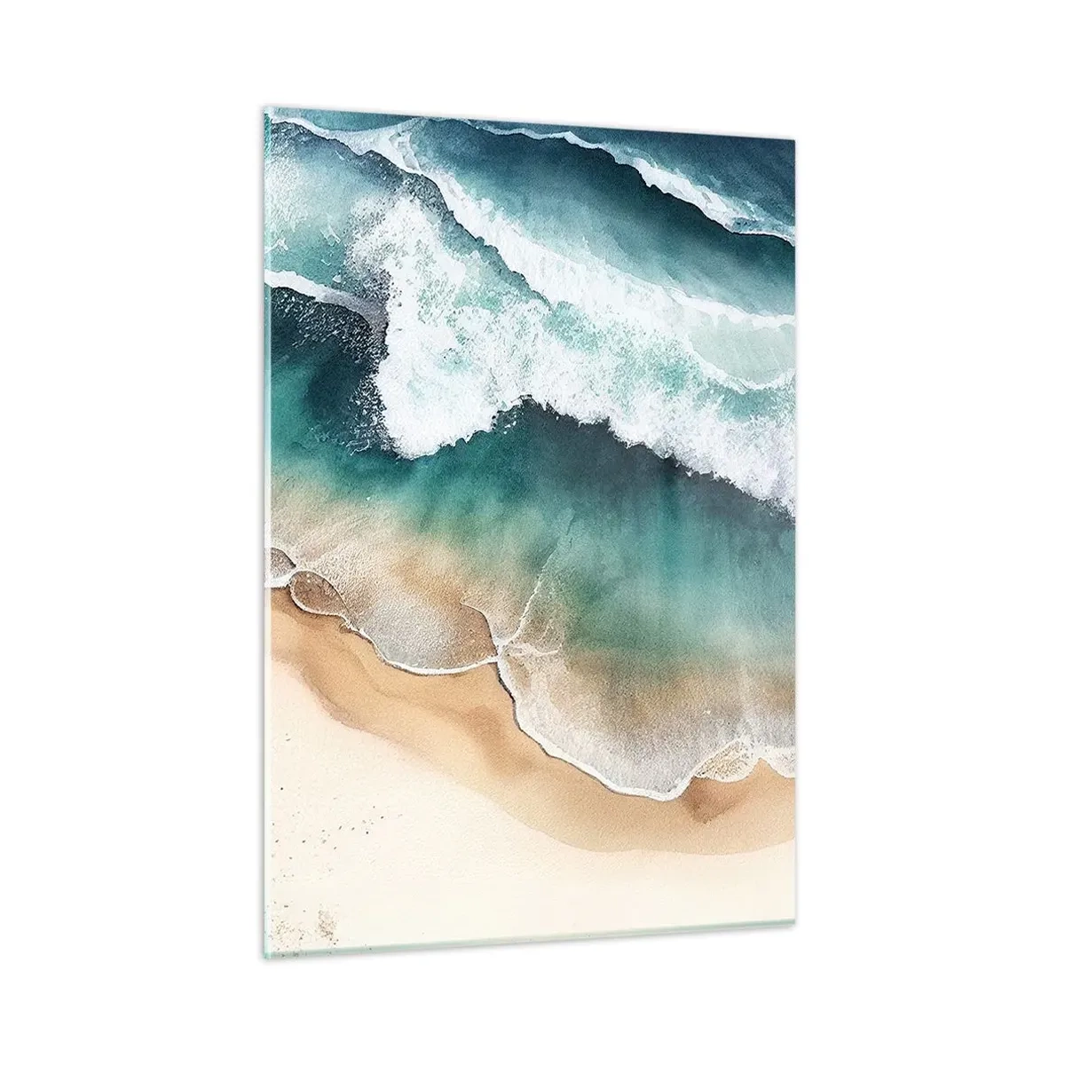 Obraz na szkle - Fale oceanu uderzające o złocistą, piaszczystą plażę - 50x70cm - Odwieczne spotkanie - Nowoczesna dekoracja ścienna do salonu, kuchni i sypialni ARTTOR