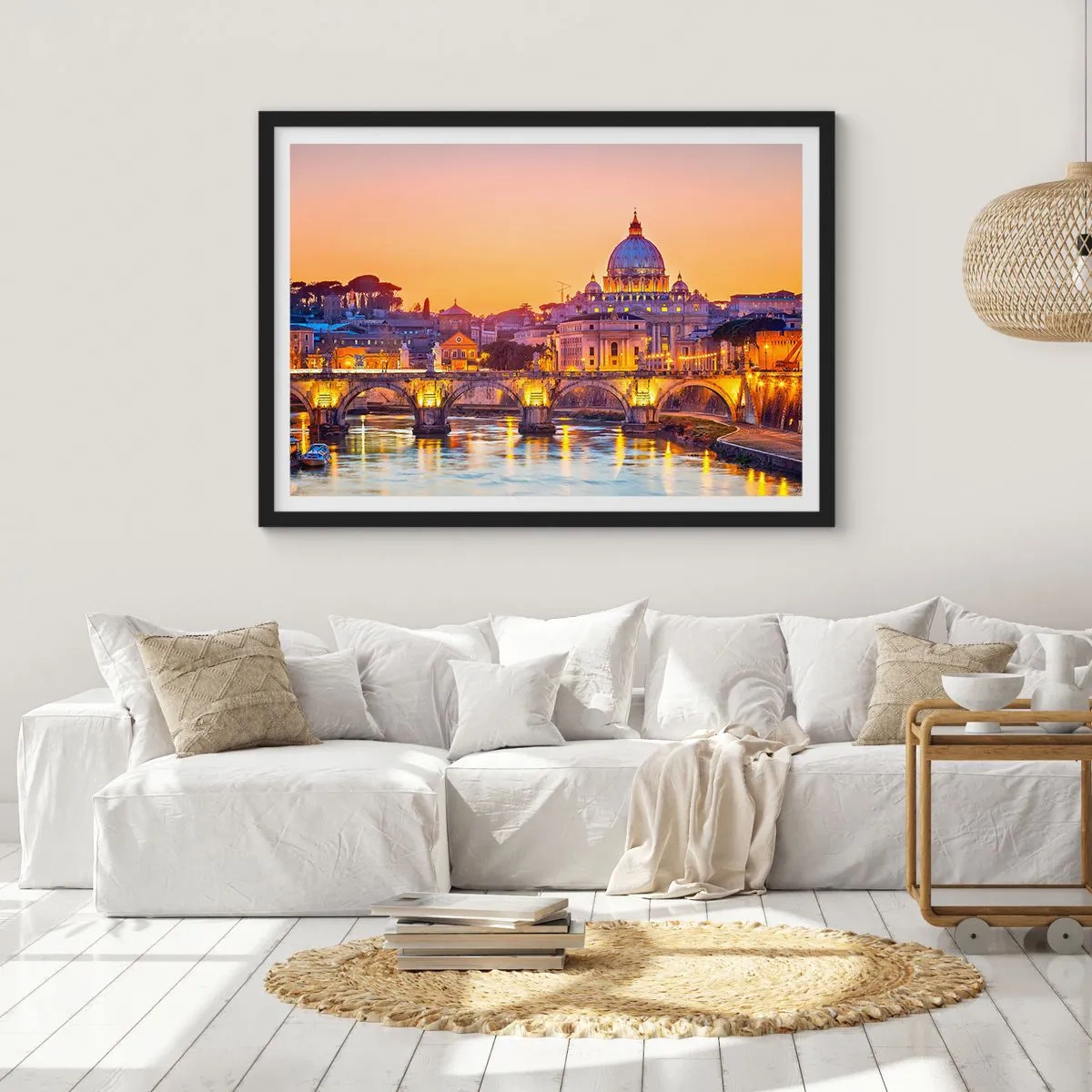 Plakat w czarnej ramie - Panorama Watykanu o zachodzie słońca z mostem na rzece - 100x70cm - Zmierzch nad Wiecznym Miastem - Nowoczesna dekoracja ścienna do salonu i sypialni ARTTOR