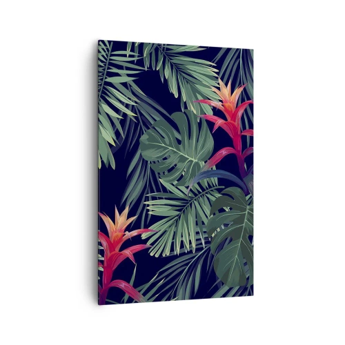 Obraz na płótnie - Tropikalne liście i kwiaty na ciemnym tle - 80x120cm - Zapłonąć w zieleni - Nowoczesna dekoracja ścienna do salonu i sypialni ARTTOR