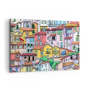 Obraz na płótnie - Kolorowe kamienice w żywej, radosnej stylistyce - 100x70cm - Wesołe miasto - Nowoczesna dekoracja ścienna do salonu, kuchni i sypialni ARTTOR