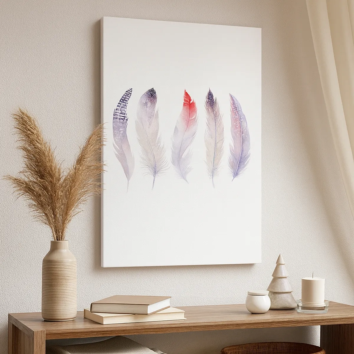 Obraz na płótnie - Kolorowe pióra w akwarelowym stylu - 50x70cm - Delikatne jak różnobarwna mgła - Nowoczesna dekoracja ścienna do salonu, kuchni i sypialni ARTTOR