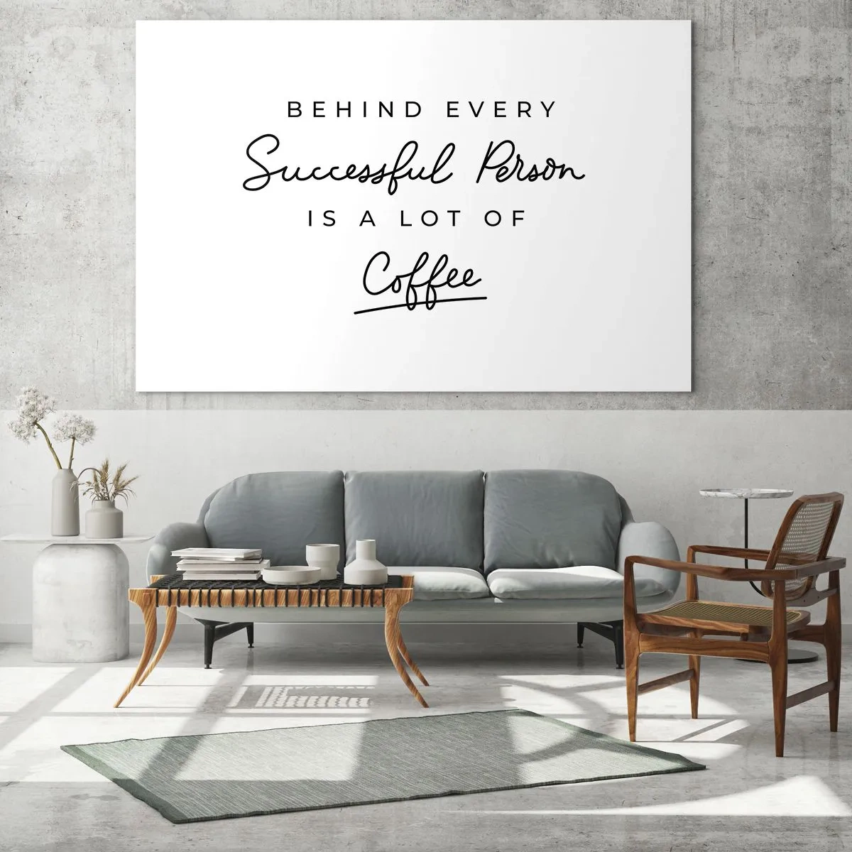 Obraz na szkle - Napis motywacyjny o sukcesie i kawie w minimalistycznym stylu - 120x80cm - Tajemnica sukcesu - Nowoczesna dekoracja ścienna do salonu, kuchni i sypialni ARTTOR