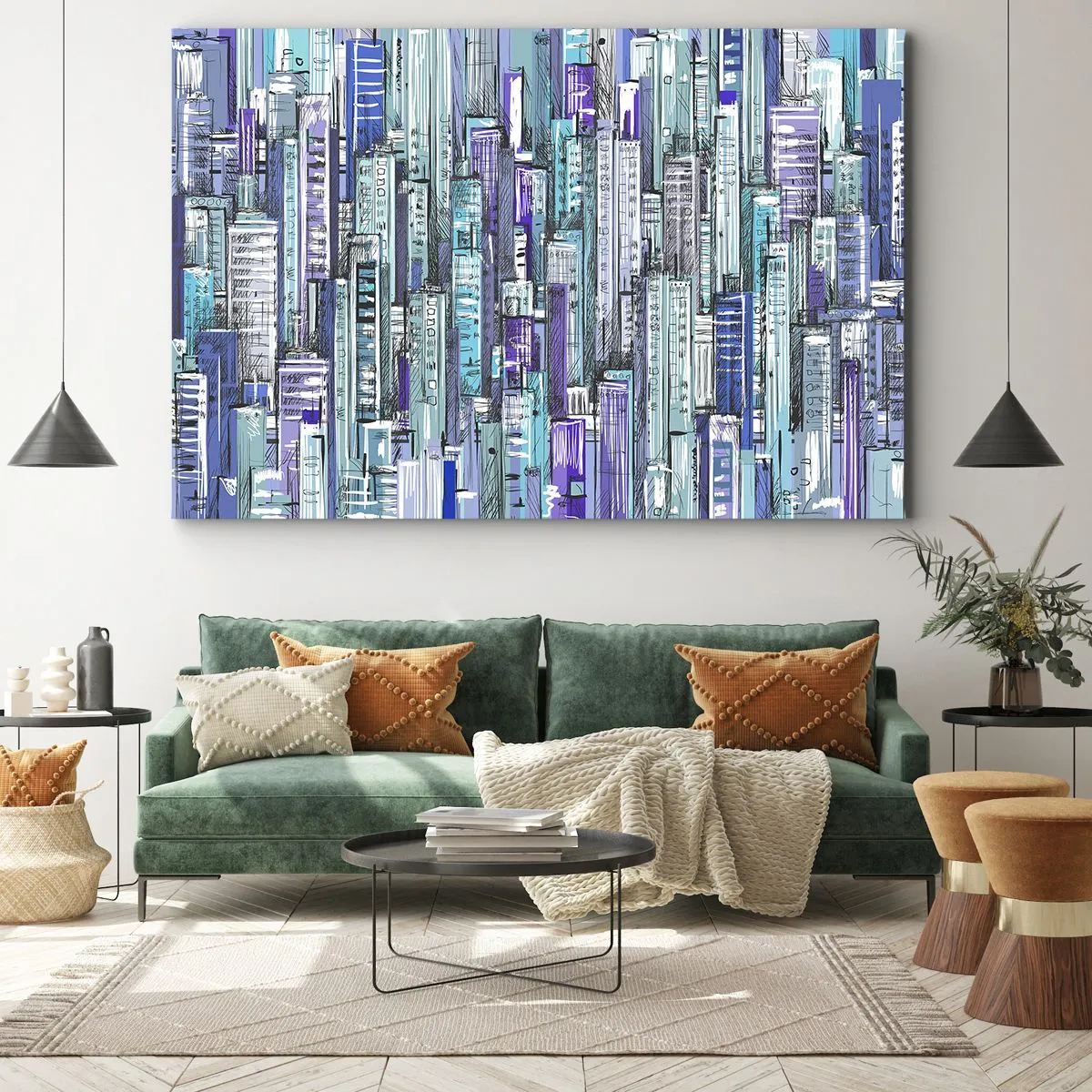 Obraz na płótnie - Ilustracja miasta z geometrycznymi budynkami w odcieniach błękitu i fioletu - 70x50cm - Pobłękitniałe od nieba - Nowoczesna dekoracja ścienna do salonu i sypialni ARTTOR