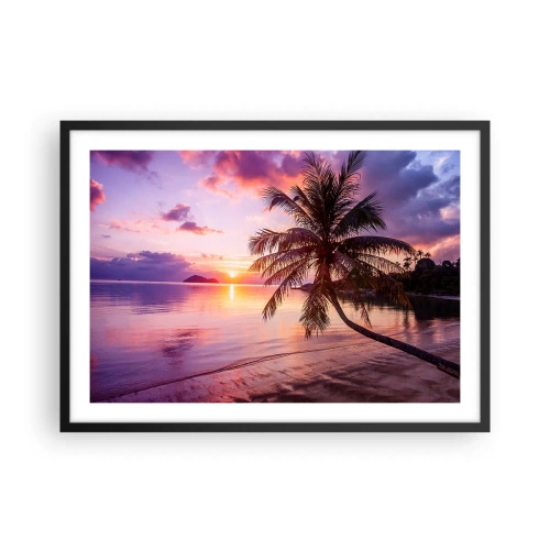 Plakat w czarnej ramie - Tropikalna plaża z palmą o zachodzie słońca - 70x50cm - Błogość aż po horyzont - Nowoczesna dekoracja ścienna do salonu i sypialni ARTTOR
