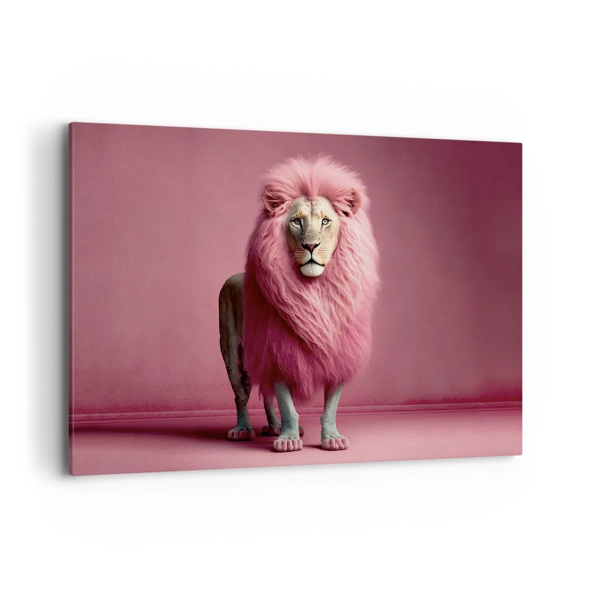 Obraz na płótnie - Lew z różową grzywą na różowym tle w artystycznym ujęciu - 100x70cm - I już się nie boisz - Nowoczesna dekoracja ścienna do salonu, kuchni i sypialni ARTTOR
